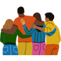 Drawing of a group of expats hugging
